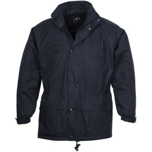 A black unisex puffer jacket featuring a zip and button closure, adjustable cuffs, and a collar. It has a logo.
