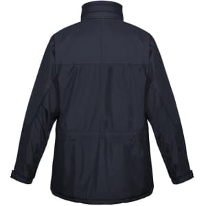 A black unisex puffer jacket with a back view, featuring a logo on the side.