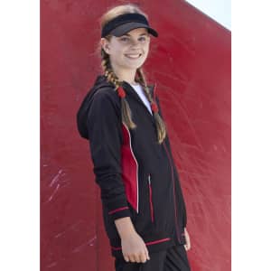 A black and red kids' jacket with a hood, featuring a zip and side pockets, worn by a smiling girl.