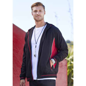 A men's soft shell jacket in black with red accents, featuring a hood and zippered pockets, displayed by a model.
