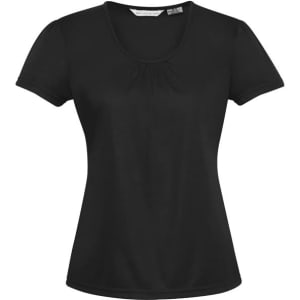 A black women's chic top with short sleeves and a scoop neck design. It has a branding logo on the tag.