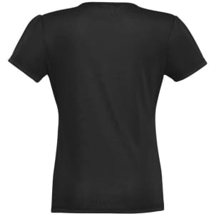 A black women's chic top with short sleeves and a fitted design. The back view shows a simple, clean silhouette.