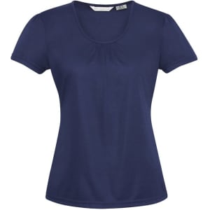 A navy women's chic top with short sleeves and a scoop neckline, featuring a logo on the label.