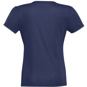 A navy blue women's chic top with short sleeves and a simple design. It has a logo on the back.