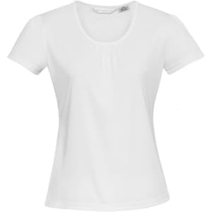 A white women's chic top with short sleeves and a scoop neckline, featuring a gathered detail at the front.