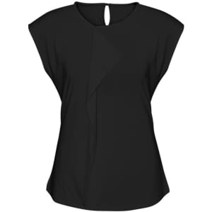 A black women's top featuring a unique design and a keyhole opening at the back. It has a subtle drape and cap sleeves.