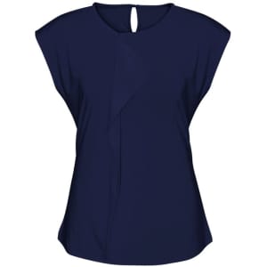 A navy women's top with a unique design and a keyhole detail at the back. It has a subtle branding logo.