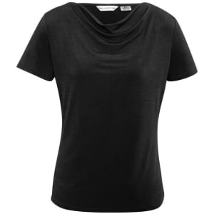 A black women's top with a draped neckline and short sleeves. Features a logo on the label.