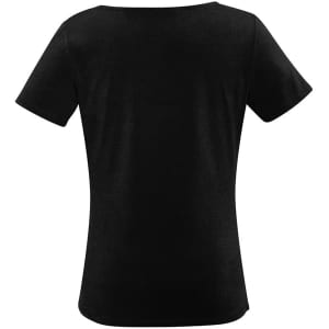 A black women's top with a rounded neckline and short sleeves, featuring a smooth fabric texture.