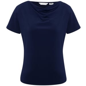 A navy blue women's top with a cowl neckline and short sleeves, featuring a logo.