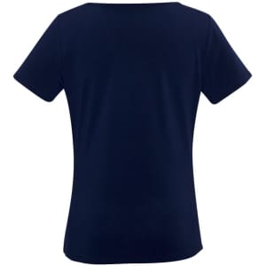 A navy blue women's top with short sleeves and a round neckline. It has a plain design and a branding logo.