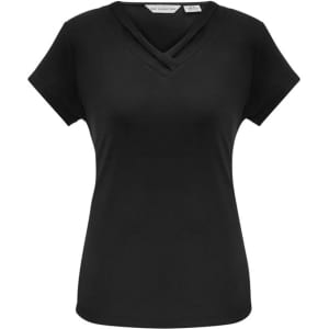 A black short sleeve women's top featuring a stylish V-neck design and a logo on the label.