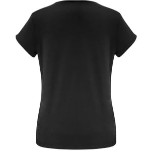 A black women's short sleeve top with a classic round neckline and a fitted silhouette. Includes a branding logo.