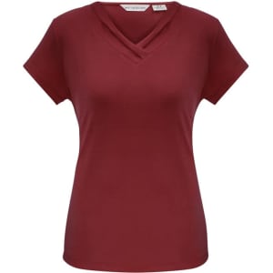 A maroon women's short sleeve top with a crossover neckline, featuring a logo on the label.