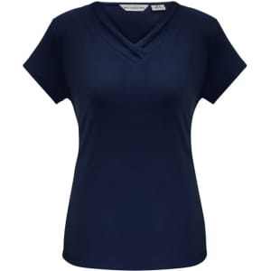 A navy short sleeve top with a double V-neck design. The top has a logo on the label.