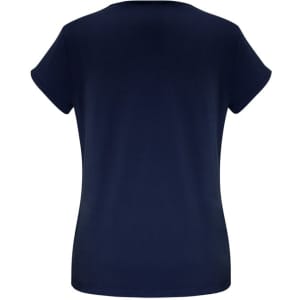 A navy short sleeve women's top with a classic round neckline and a fitted silhouette, featuring a logo.