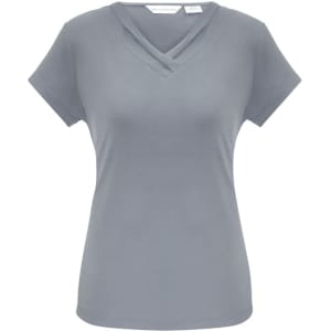 A grey short sleeve top with a V-neck design and a subtle crisscross feature. It includes a logo on the label.