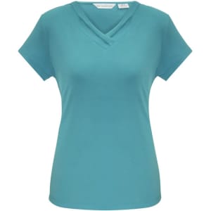 A teal women's short sleeve top with a v-neck design and a logo on the label.