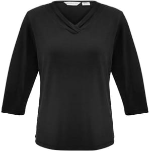 A black women's 3/4 sleeve top featuring a unique crossover neckline and a subtle logo.
