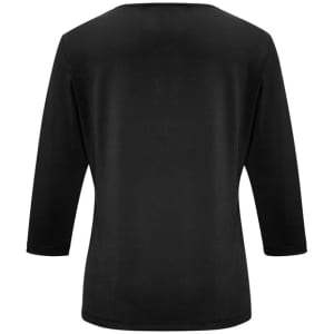 A black women's top with 3/4 sleeves, featuring a simple and sleek back design. It has a logo.