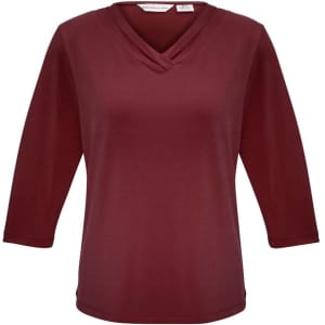 A burgundy women's 3/4 sleeve top featuring a crossover neckline and a branded label.