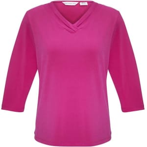 A pink women's 3/4 sleeve top with a crossed v-neck design, featuring a logo on the label.