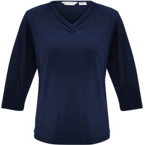 A navy blue women's 3/4 sleeve top with a crossover neckline and a logo.