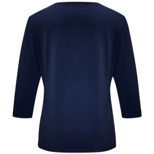 A navy women's 3/4 sleeve top with a simple design and a smooth fabric finish, featuring a logo on the back.