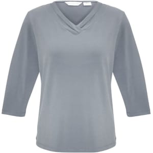 A grey women's 3/4 sleeve top with a crossover v-neck design and a logo.