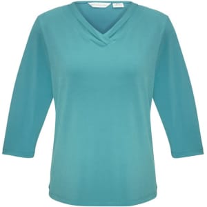 A women's top in teal with a v-neck and 3/4 sleeves, featuring a logo on the label.