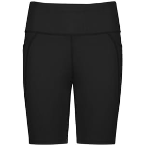 A pair of black women's bike shorts with a wide waistband and side pockets, featuring a logo.