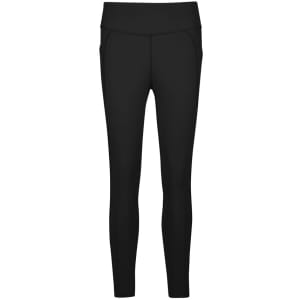 A pair of black 7/8 length leggings featuring a fitted design and side pockets. Includes branding detail.