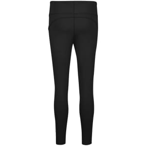 A pair of black women's 7/8 length leggings with a sleek design and a logo on the waistband.