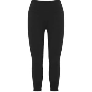 A pair of black women's 3/4 leggings with a smooth waistband and no visible logos.