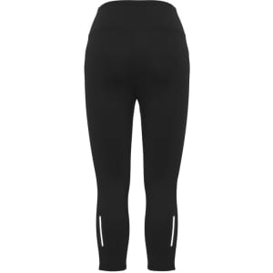 Black women's 3/4 leggings featuring a form-fitting design and reflective details on the lower legs.