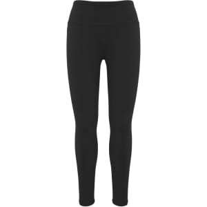 Black women's flex leggings with a high waistband, featuring a smooth finish and a simple logo.