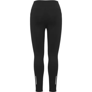 A pair of black women's flex leggings featuring a high waist and reflective details at the cuffs.