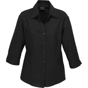 A black women's 3/4 sleeve shirt featuring a collared neckline and button-down front, with a logo on the label.