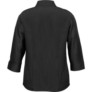 A black 3/4 sleeve women's shirt with a collar. The back view shows a simple design and classic cut.