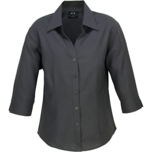 A grey women's 3/4 sleeve shirt with a collared neckline and button-down front. It features a branding logo.