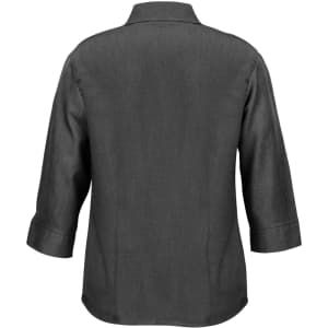 A grey women's 3/4 sleeve shirt with a classic collar and a back view. Features a logo on the fabric.
