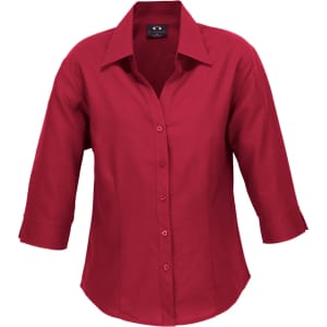 A red women's 3/4 sleeve shirt with a collared neckline and button front, featuring a logo.