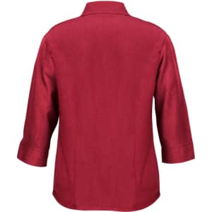 A red women's 3/4 sleeve shirt with a collar and a back view design. It features a logo on the fabric.