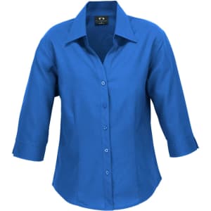 A blue women's 3/4 sleeve shirt with a collared neckline and button front. It features a logo on the label.
