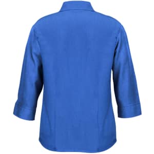 A women's 3/4 sleeve shirt in a vibrant blue, featuring a simple design and a collar on the back.