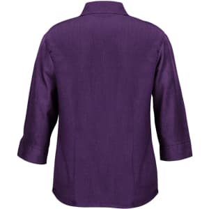 A purple women's shirt with 3/4 sleeves and a collared neckline, featuring a simple design and a logo.