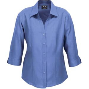 A blue women's 3/4 sleeve shirt with a collar and button-up front. It features a logo on the label.