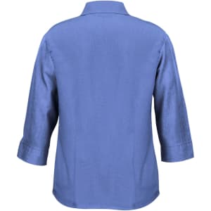 A 3/4 sleeve shirt in a solid blue hue, featuring a collar and a simple design. It has a logo on the back.