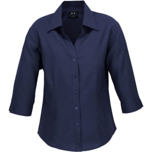 A women's navy 3/4 sleeve shirt with a front button closure and a collar, featuring a logo.