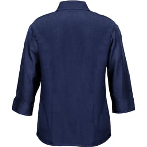 A navy women's 3/4 sleeve shirt with a collar and a logo on the back.